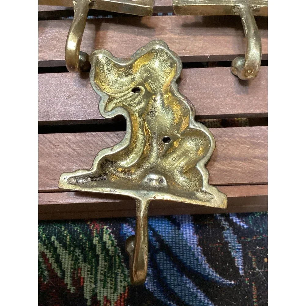 Vintage Brass Metal Pluto Wall Door Coat Hooks Dog Hound Shape Hangers Set of 6